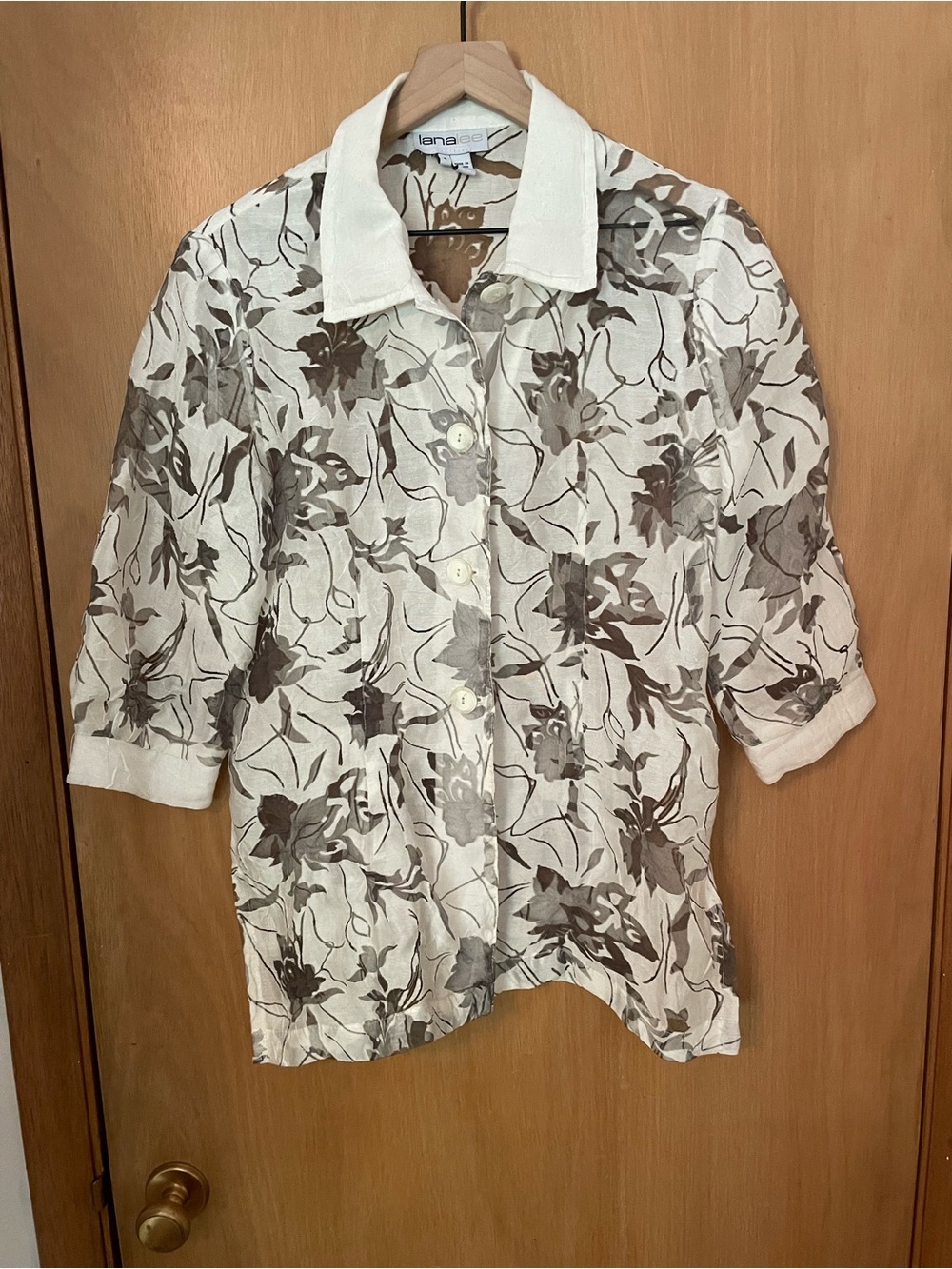 Lana Lee Linen Sheer Floral Collared Button Down Blouse Size L